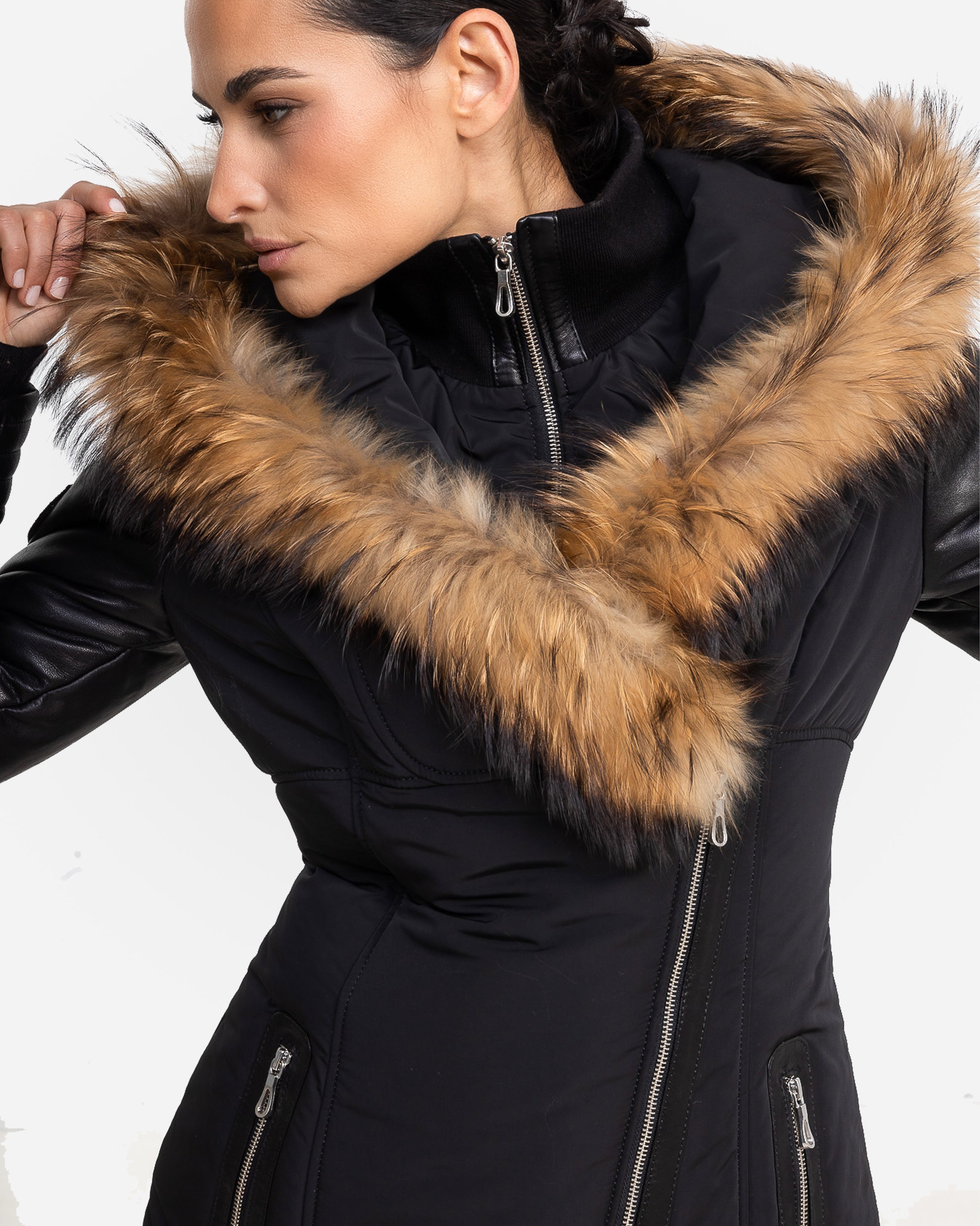 Melania - Natural Fur Down Puffer with Leather Sleeves-thumbmail-2