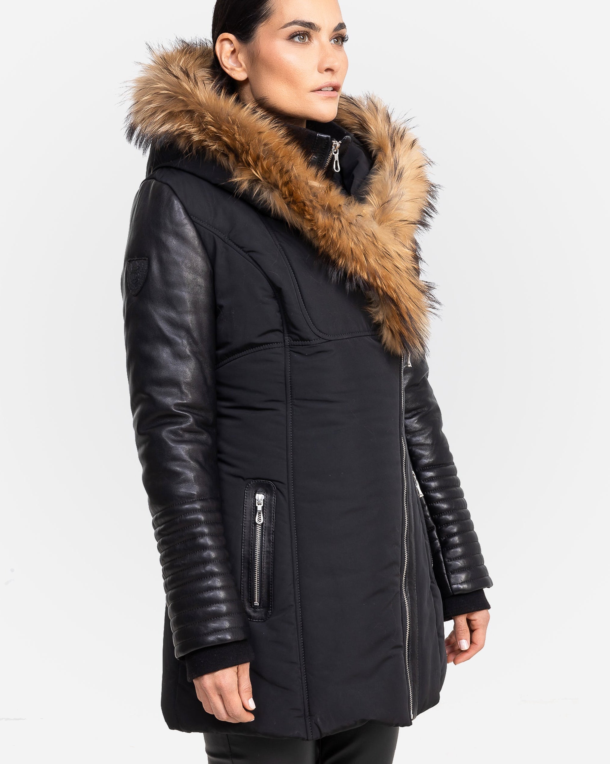 Melania - Natural Fur Down Puffer with Leather Sleeves-thumbmail-3