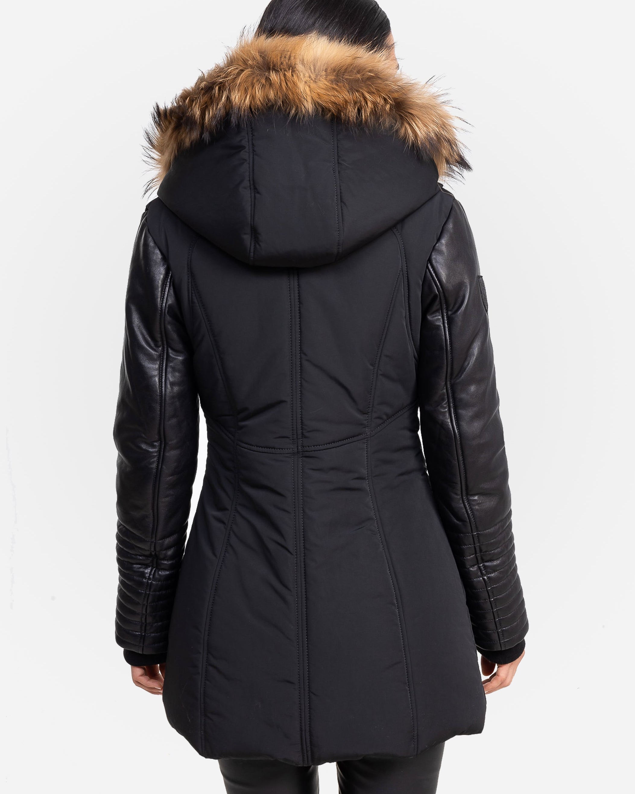 Melania - Natural Fur Down Puffer with Leather Sleeves-thumbmail-4