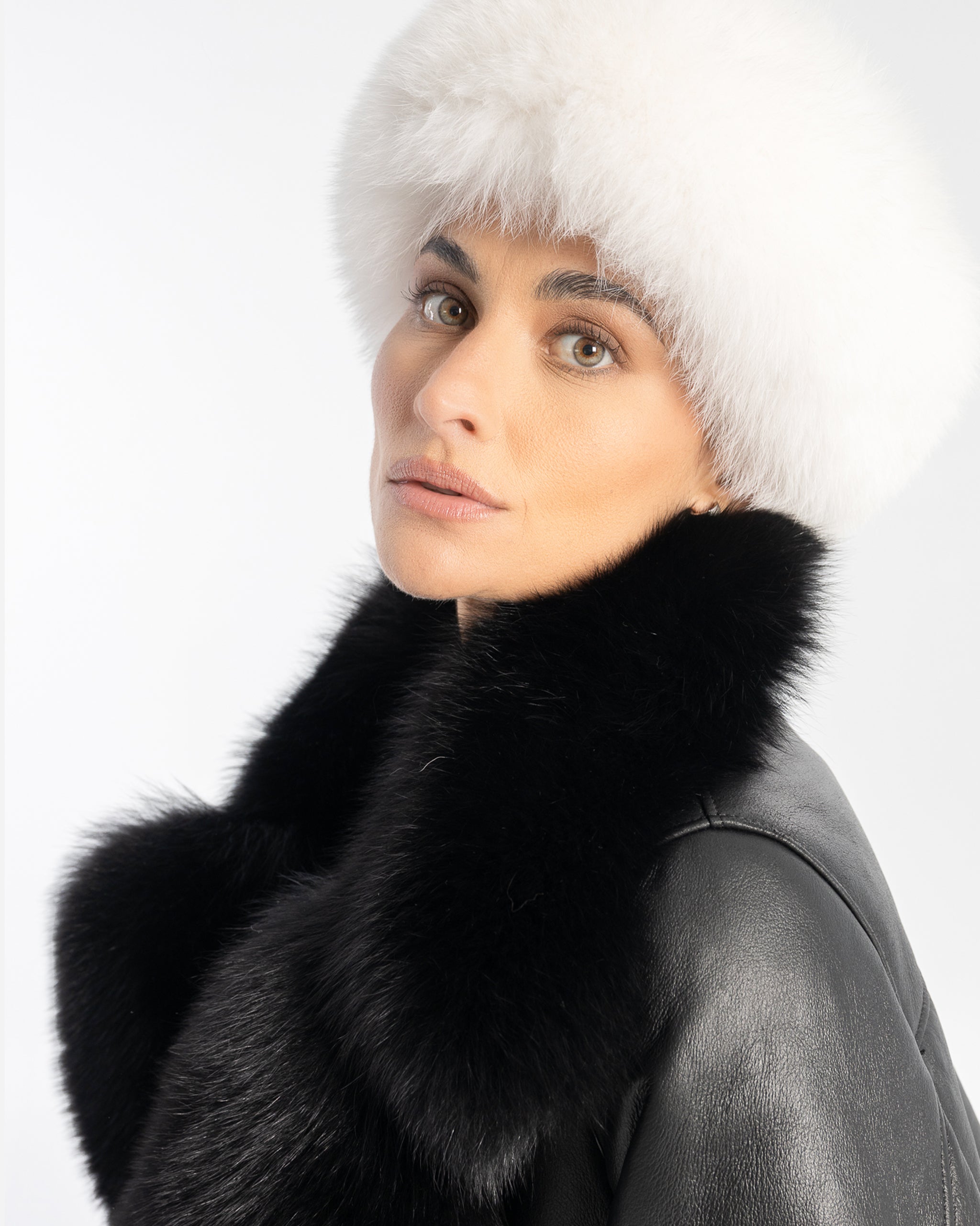 White Fox Fur Leather Hat
