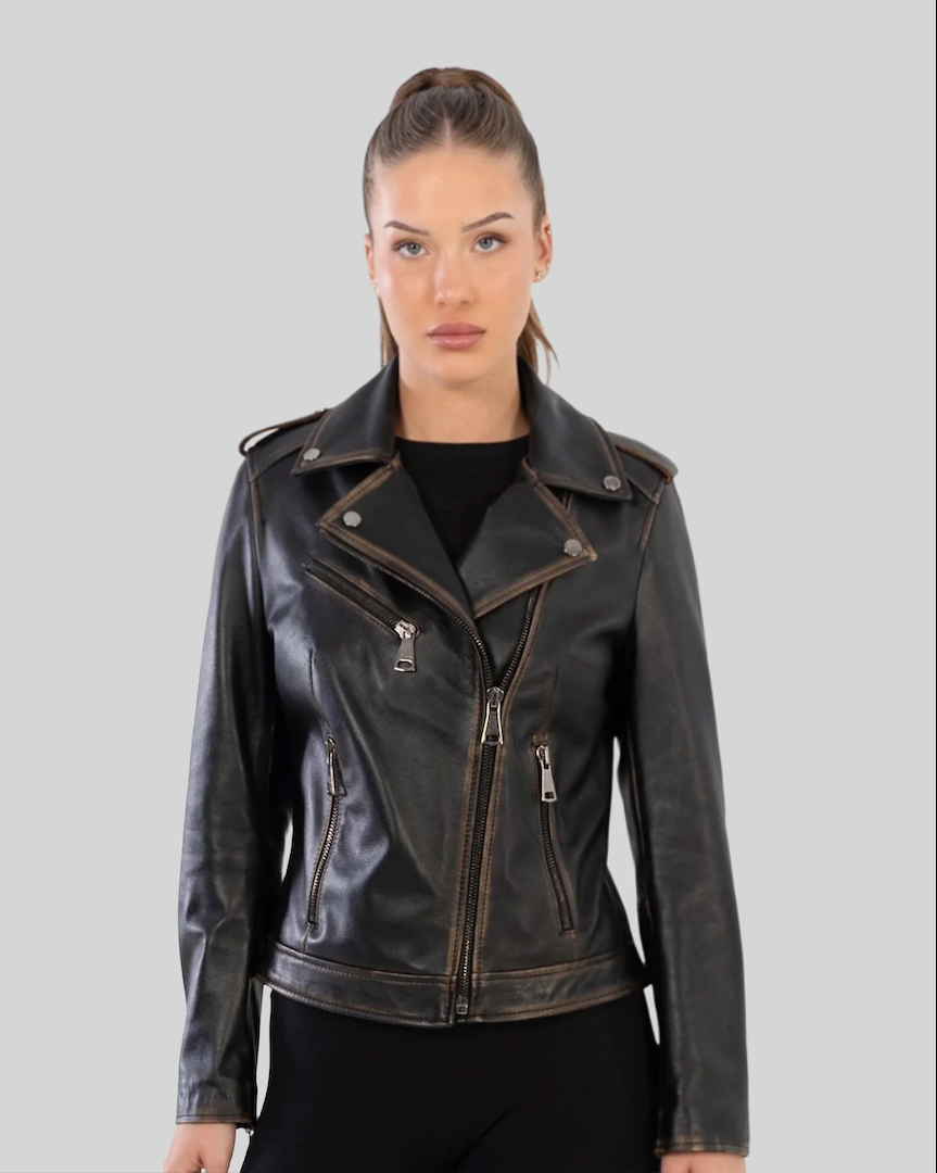 Thalia Vintage Leather Jacket with distressed finish