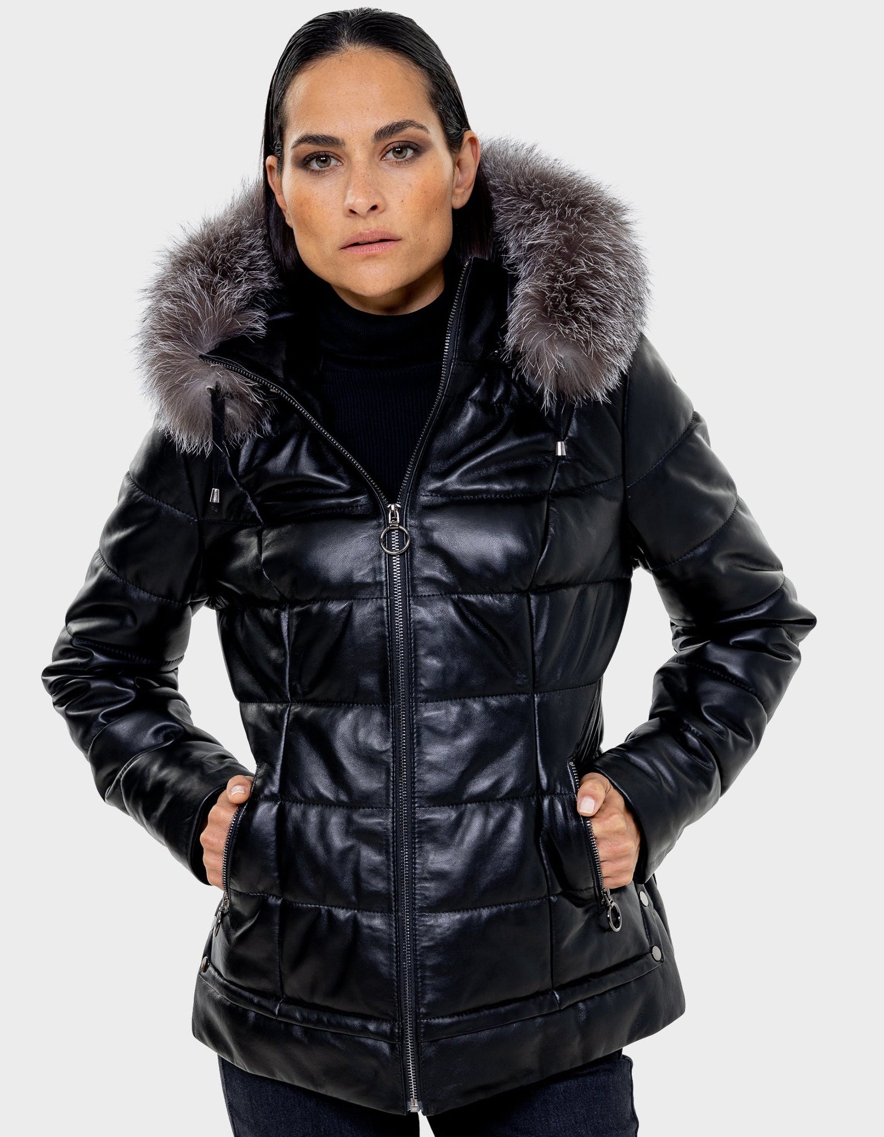 Lyanna Women's Leather Down Coat with Removable Fur-thumbmail-2